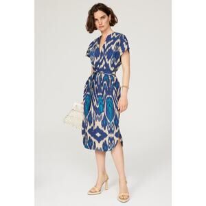 VANESSA BRUNO Blue Printed 100% Cotton V-Neck Belted Amarillo Dress Size 42